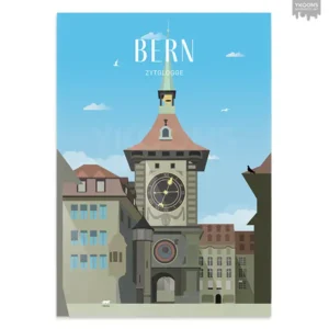 Poster illustration of the Zytglogge clock tower in Bern, Switzerland, in the historic Old Town.