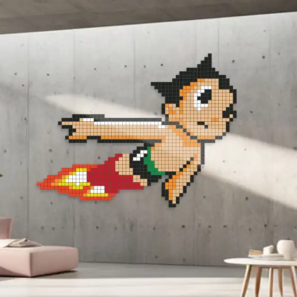 Astro Boy, a robot with human-like features, in his iconic red boots and green shorts, flying through the sky with his jet-powered feet.