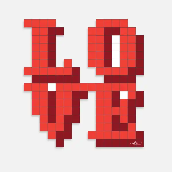 Pixelated text spelling out 'LOVE' in blocky, square-shaped letters