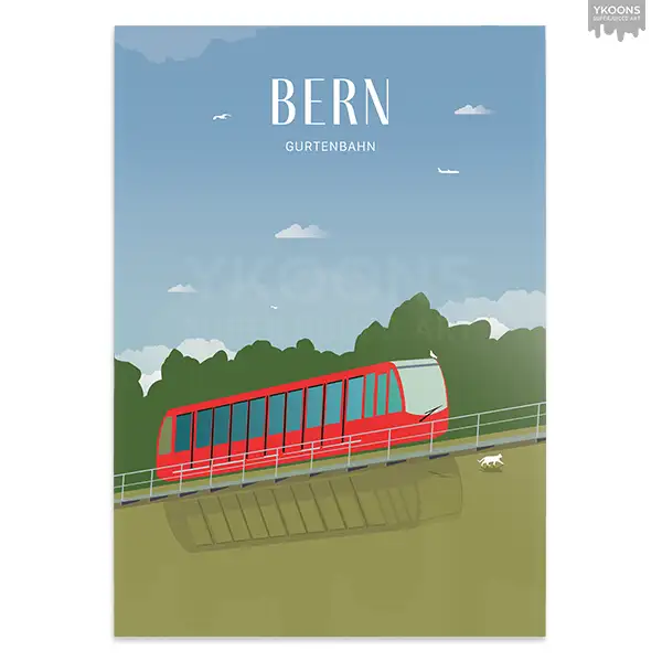 Illustrated wall art of the Gurtenbahn funicular in Bern with city and river views.